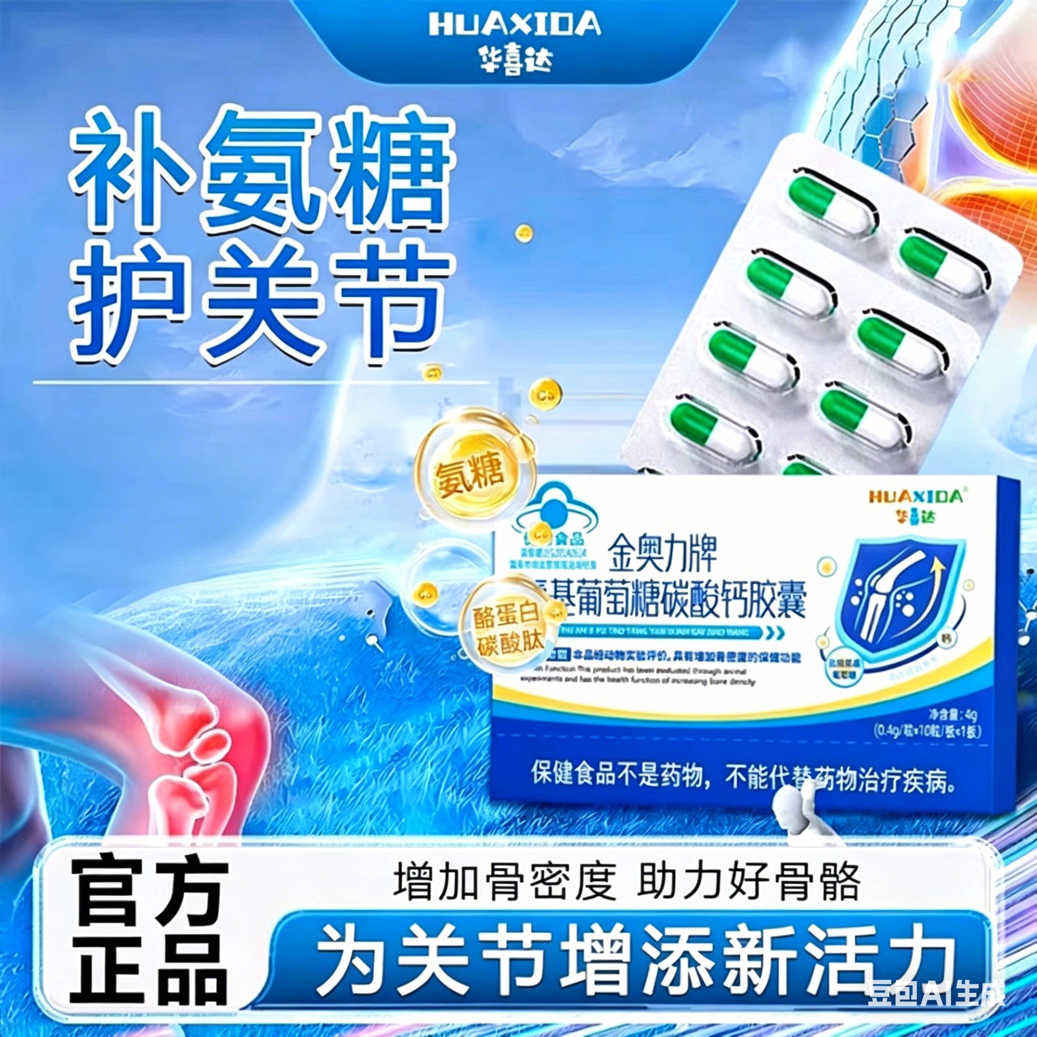 华喜达金奥力牌氨基葡萄糖碳酸钙胶囊增加骨质疏松腿脚无力骨密度