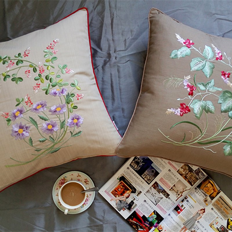 日系简约田园手工刺绣风格花卉植物优质亚麻抱枕靠枕藤椅沙发牀靠