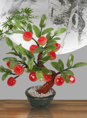 玉石仙桃寿桃树盆景祝寿蟠桃装饰品客厅电视柜