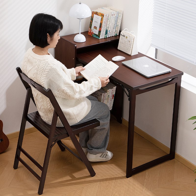 折叠书桌学生家用卧室写字电脑桌实木书架一体客厅工作台办公桌子