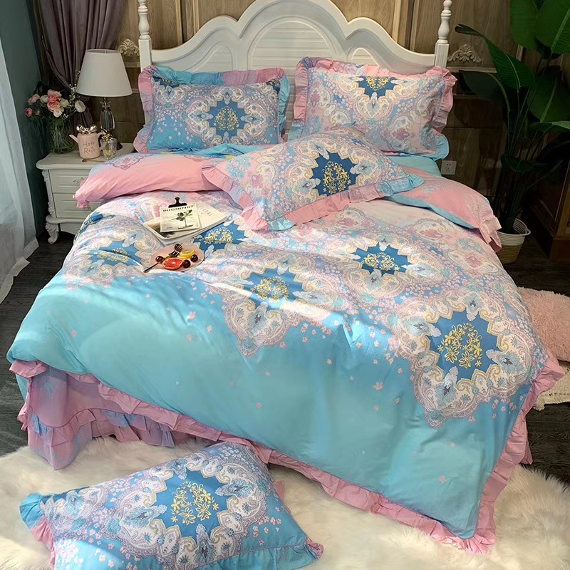 欧式床裙款四件全棉裙式公主风荷叶边床单被人床上用品