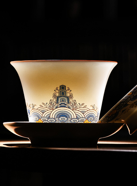 陶瓷三才功夫盖碗汝白瓷泡茶碗大号敬茶杯中式盖杯家用客厅办公室