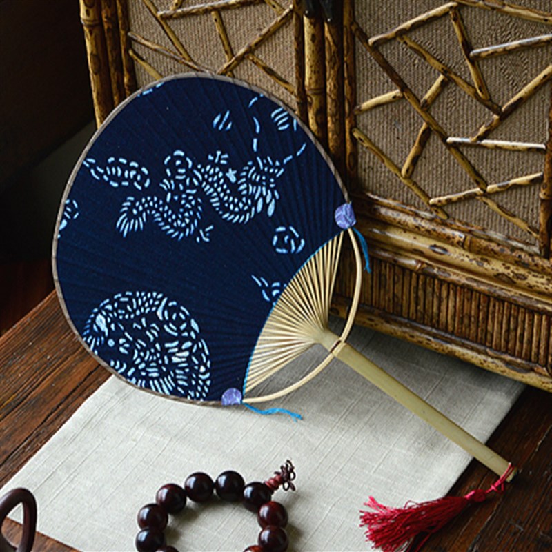 复古棉布扎染印花布面单支整竹团扇 扇面竹扇子印花团扇和风纨扇