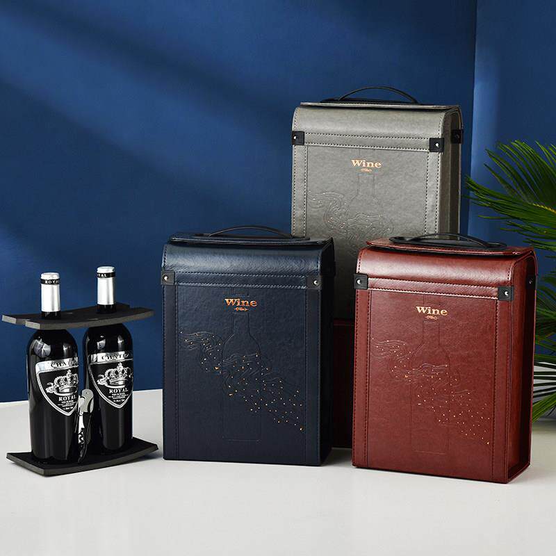 新款红酒包装礼盒大肚瓶包装盒葡萄酒礼品箱子2双支加大红色酒皮