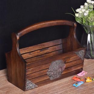 实木质中式单层收纳提盒复古手提收纳盒桌面便携式茶盒食盒水果篮