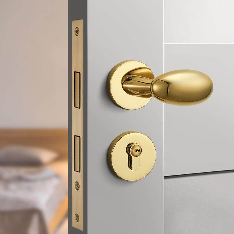 卧室门锁室内简约磁吸静音双开门把手银金色鹅蛋形儿童房间木门锁