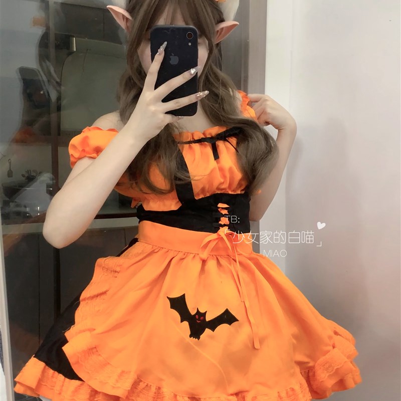 万圣节南瓜女仆装cos可爱蝙蝠吸血鬼女巫橘色女佣装lolita连衣裙