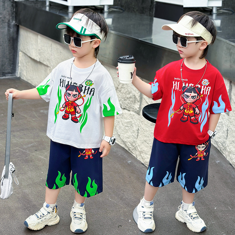 萱骁哪吒儿童服装男童夏季套装2025新款潮酷男孩短袖痞帅宝宝夏装