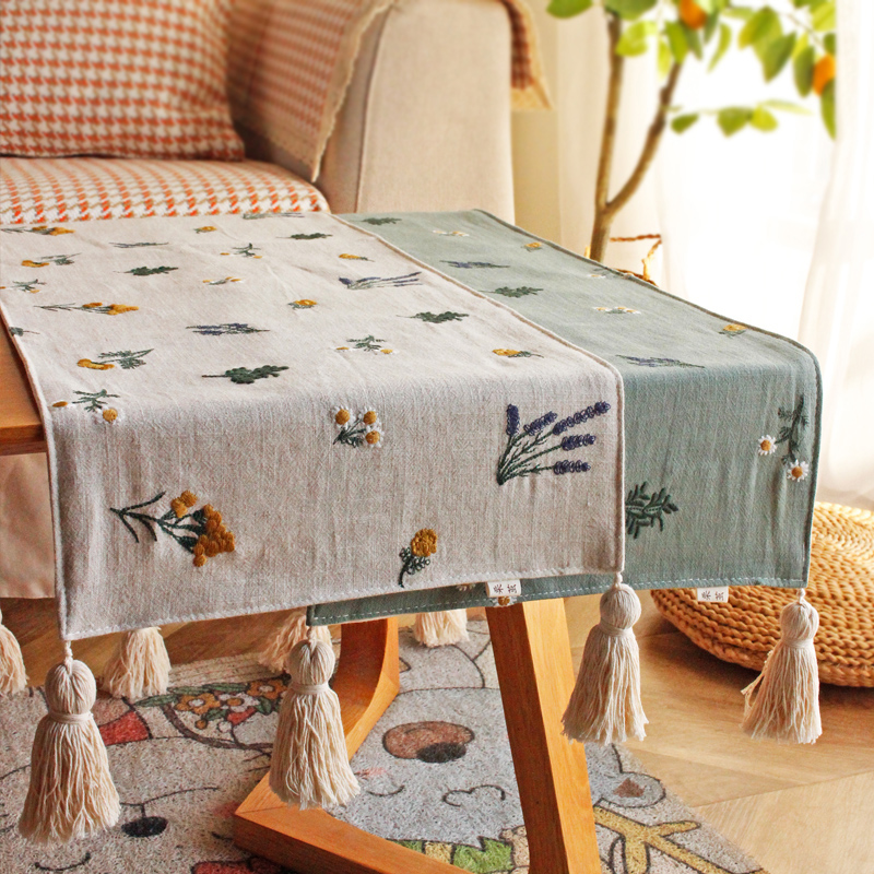 奶油风刺绣餐桌桌旗电视柜餐柜盖布艺长方形茶几旗鞋柜斗柜盖巾