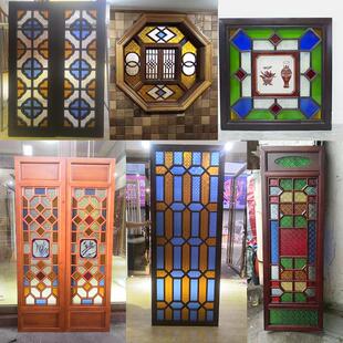 广式彷古西关满洲窗实木海棠彩色玻璃压花艺术琉璃岭南花窗门屏风