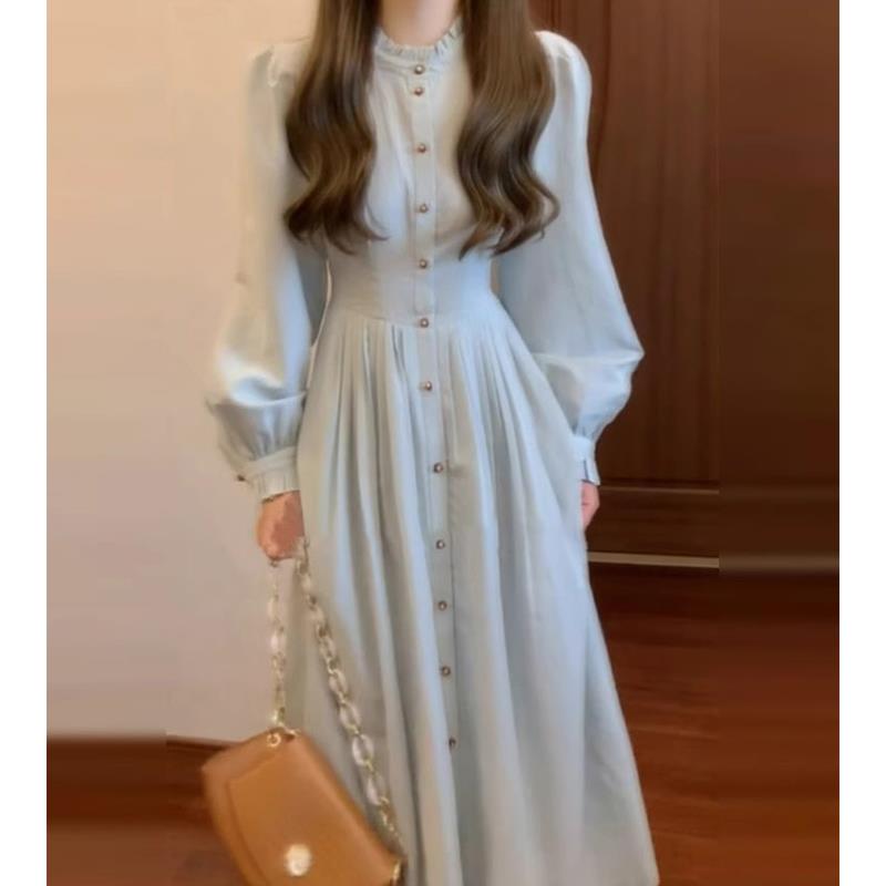 蓝色长袖衬衫连衣裙子女2025新款韩系穿搭高级感收腰长裙D0407