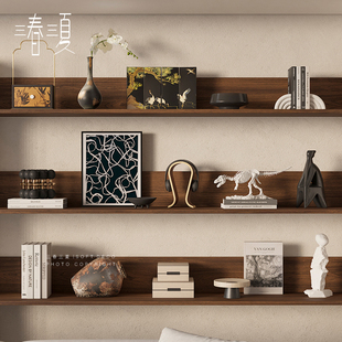 侘寂風(fēng)高級(jí)感小眾軟裝 中式 飾品中古原木風(fēng)開放R格復(fù)古酒柜壁龕擺