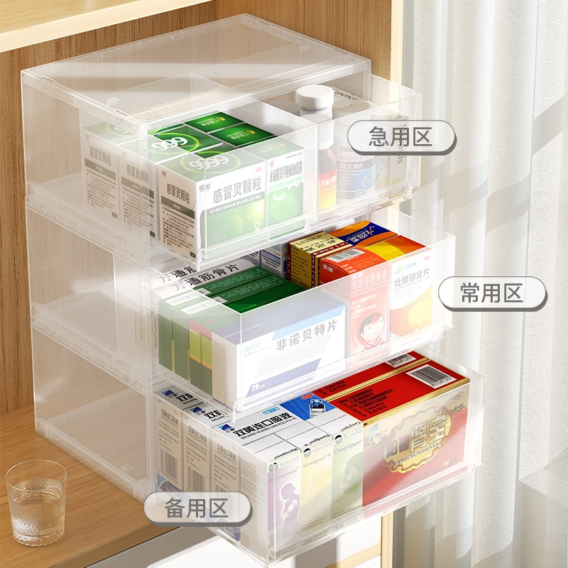 桌面抽屉式收纳盒透明药箱多层药品收纳箱置物架家庭防尘整理盒子