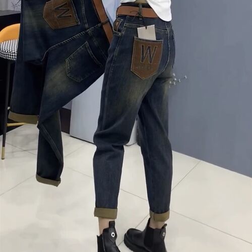 梨型身材裤子大码高腰哈伦牛仔裤女春胖妹妹mm宽松显瘦九分老爹裤