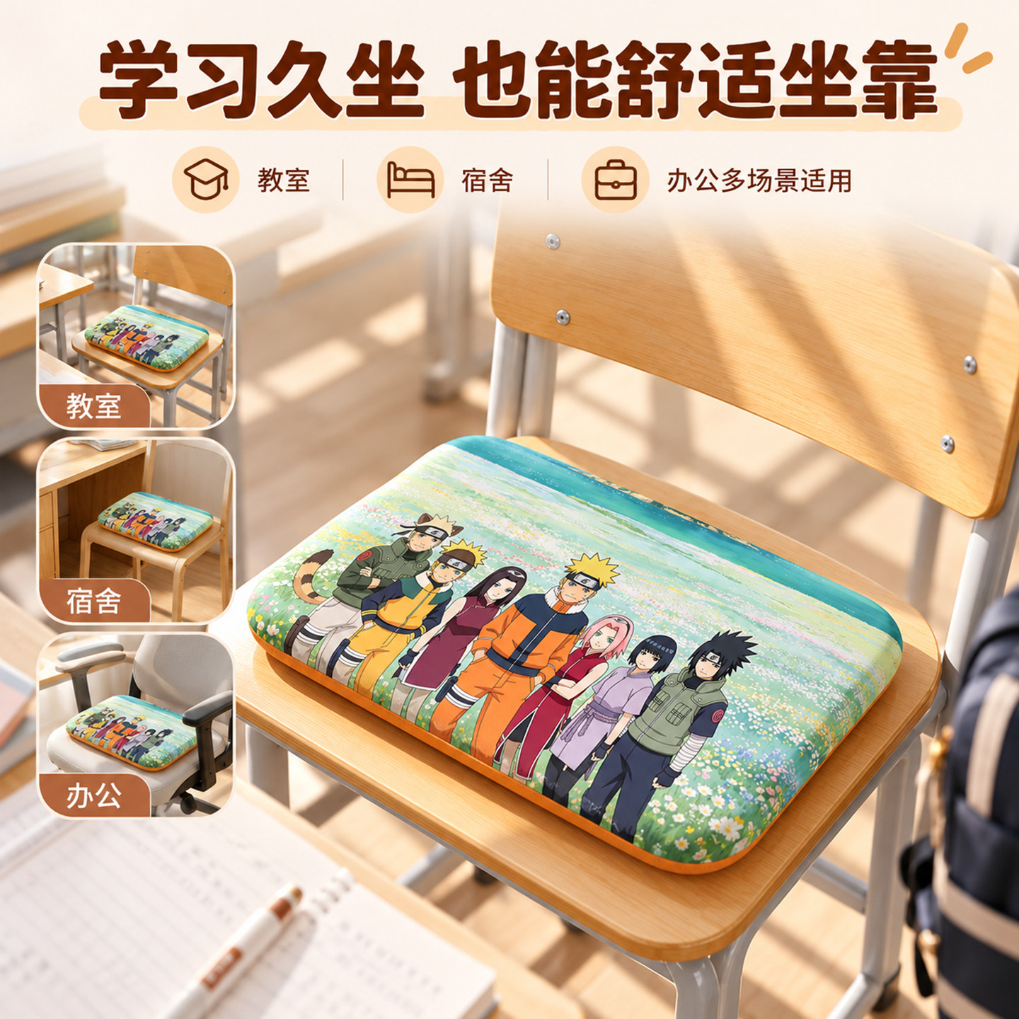 火影忍者教室凳子垫子中小学生可爱宿舍椅子垫双绑带防滑屁股坐垫