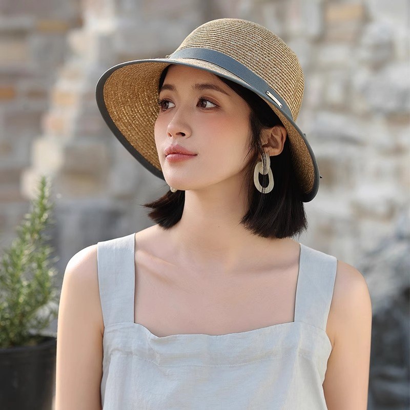 帽子假发一体短发高级感日系时尚百搭草帽女夏天防晒帽韩版遮阳