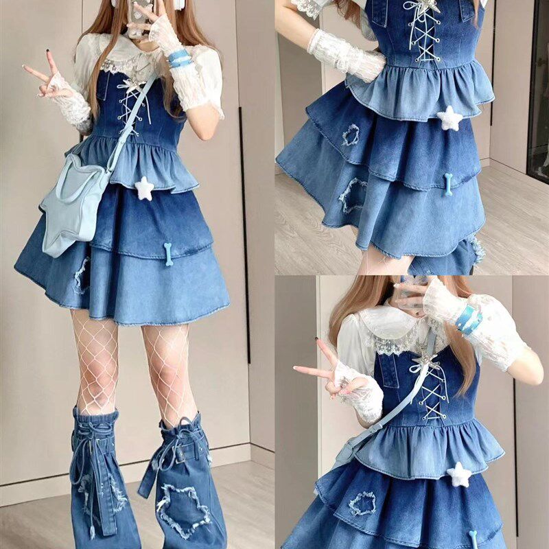 y2k裙子蓝色可爱牛仔吊带连衣裙女春秋夏季蛋糕蓬蓬短裙两件套装