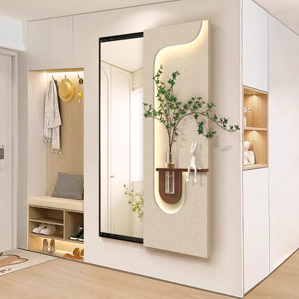 奶油风玄关推拉镜装饰画立体水培绿植led壁灯画隐藏式全身镜挂画