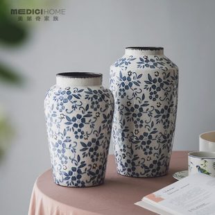 复古做旧装 冰裂青花瓶干花插花器皿法式 饰家居摆件电视柜茶几餐桌