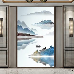 16D新中式 走廊过道壁画进门意境墙布8D生财墙纸3 山水玄关壁纸竖版