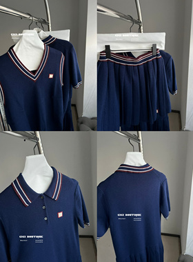 12/9 20:00 MI 英伦校园风  藏蓝色 羊毛羊绒针织上衣 半裙