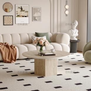 志科侘寂风洞石茶几圆形设计师法式别墅家用客厅岩板高级复古圆几