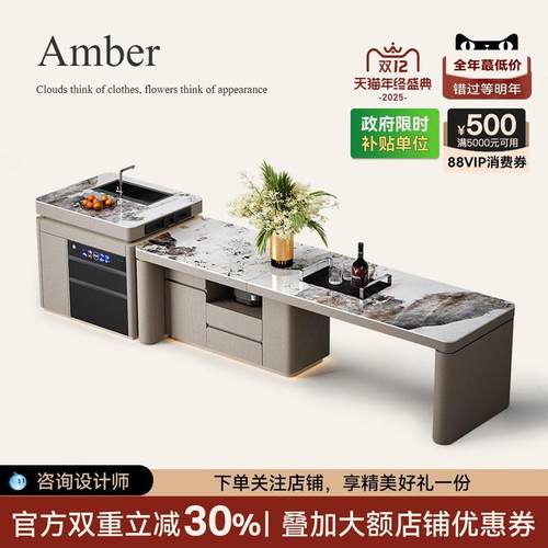 诚骏岩板齐平岛台餐桌一体带水槽消毒柜家用可伸缩升降开放式厨房