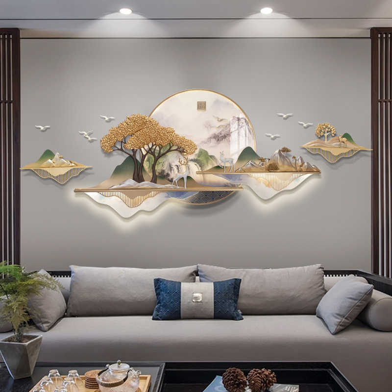 新中式圆形挂件客厅装饰画沙发背景墙浮雕发光餐厅立体山水壁饰画图片