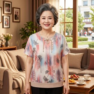 2026年夏季新款妈妈装圆领印花中老年女装上衣宽松型系带减龄短袖