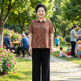 中老年人女装夏装衬衫女奶奶短袖新款翻领衬衣妈妈装上衣小衫套装