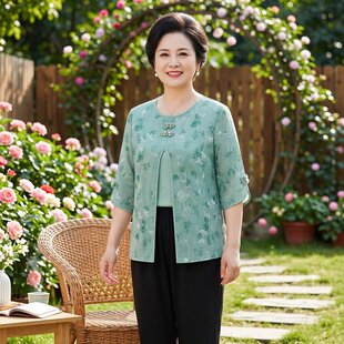 2026中老年人夏圆领假两件雪纺T恤奶奶装上衣宽松型妈妈装七分袖