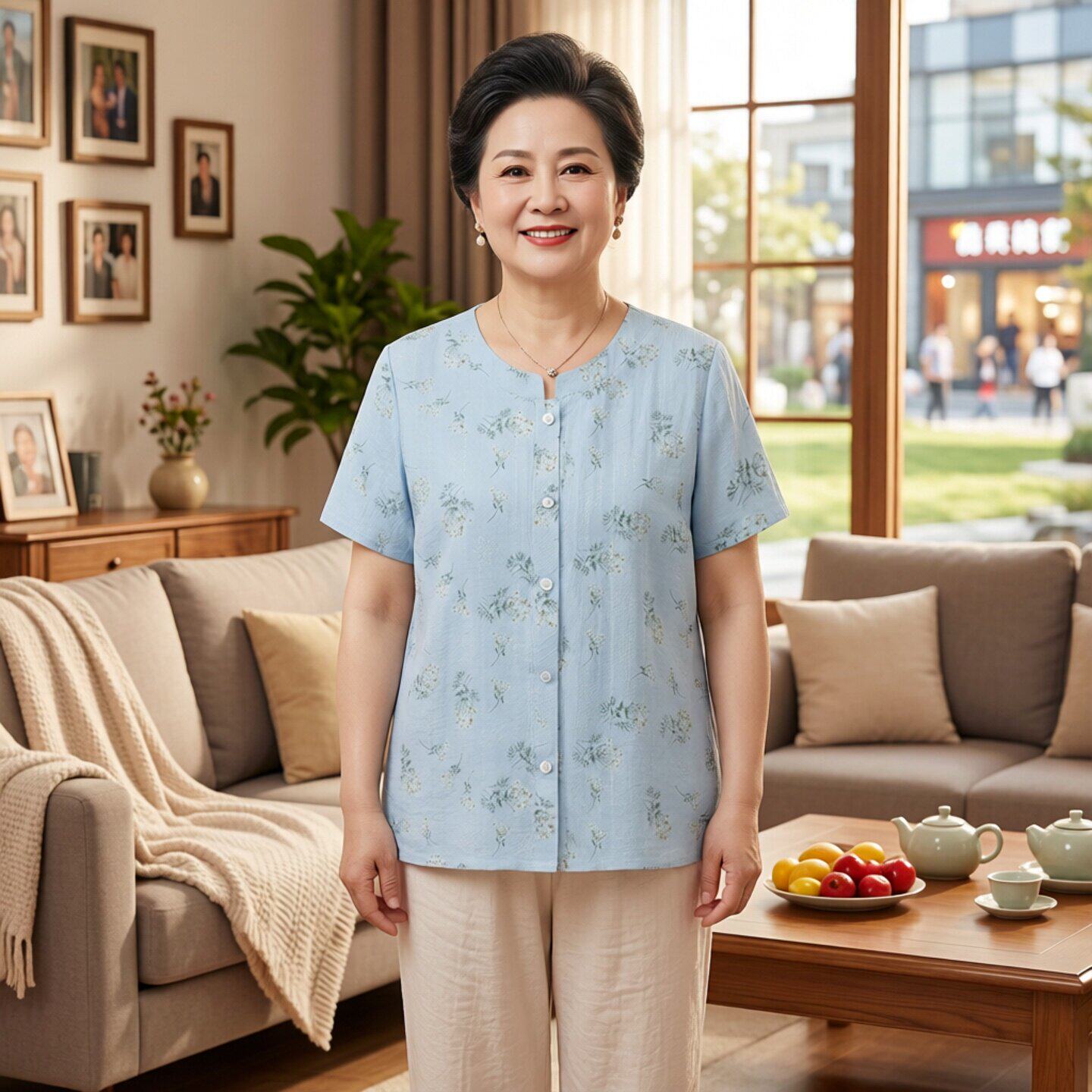 中老年妈妈装夏季短袖减龄衬衫