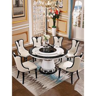 欧式大理石圆形餐桌和椅子组合黑白简单现代餐桌与转盘别墅轻豪华