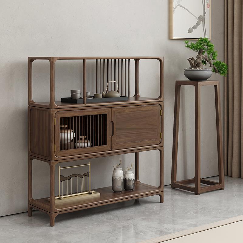 新中式实木餐边柜中古黑胡桃木存茶置物柜 禅意老榆木储物柜