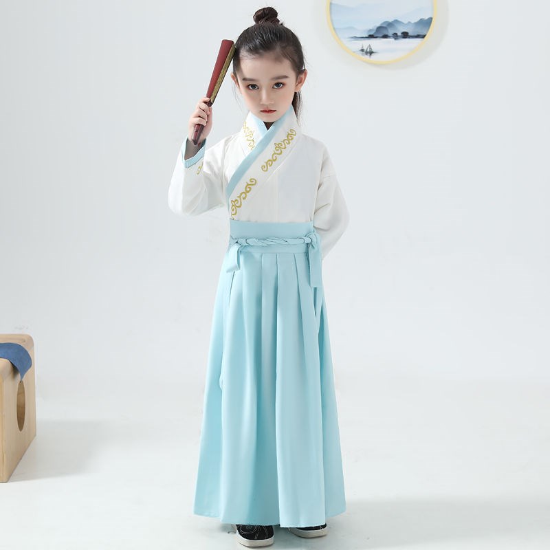 儿童古装汉服男女中国风侠客套装女童花木兰国学服天蓝色唐装中国