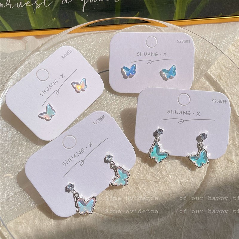 夏季海盐镭射冰透蝴蝶耳环女银针小众仙气甜美清新气质耳饰