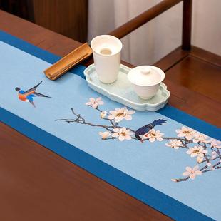 现代家用茶台茶桌 手绘花鸟画茶席麻布防水桌旗禅意布艺茶具垫日式