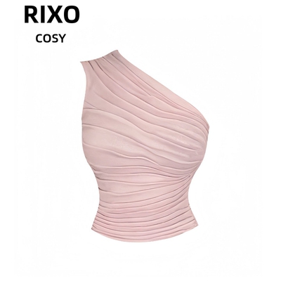 RIXO COSY纯欲辣妹斜肩肌理感褶皱拉炼针织上衣女夏修身显瘦背心