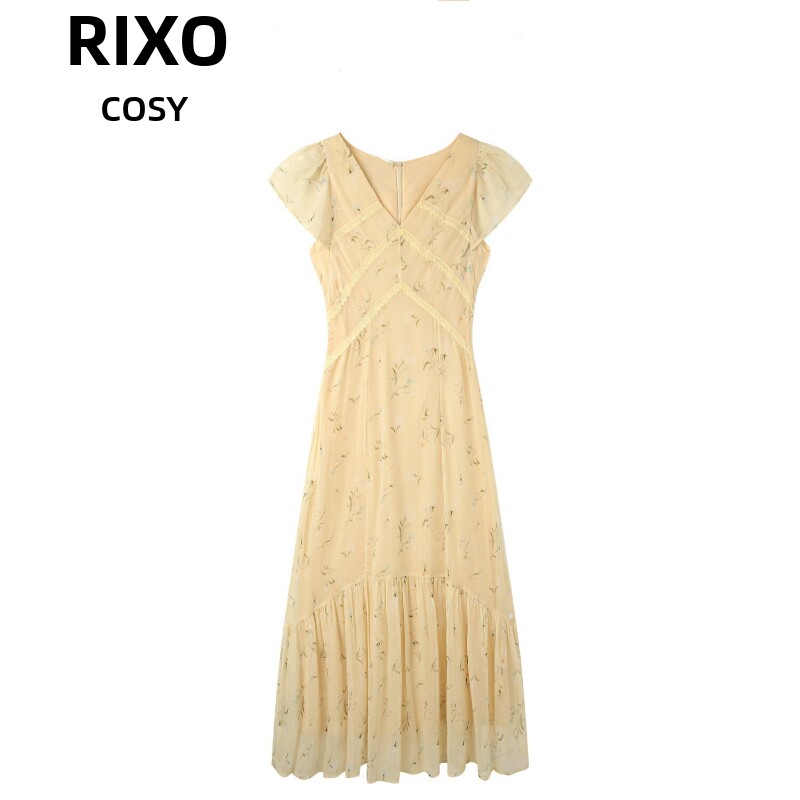 RIXO COSY别致气质荷叶袖雪纺洋装女夏季款时尚减龄V领碎花长裙