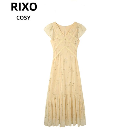 RIXO COSY别致气质荷叶袖雪纺洋装女夏季款时尚减龄V领碎花长裙