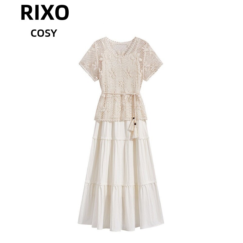 RIXO COSY套装裙甜美小个子吊带连衣裙女夏季镂空短袖上衣两件套