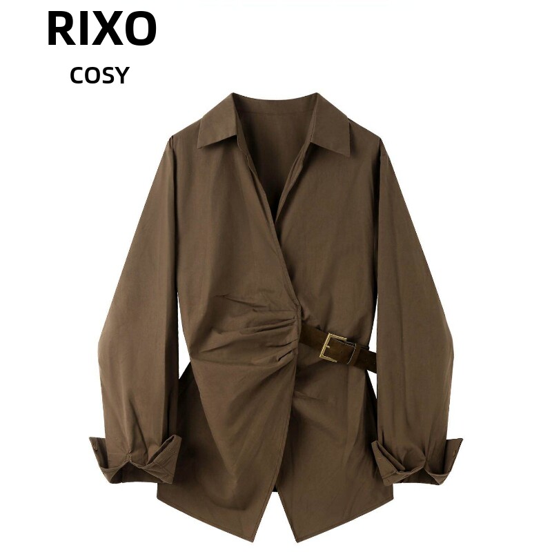 RIXO COSY韩版独特气质收腰上衣女士秋季新款V领通勤时尚长袖衬衫
