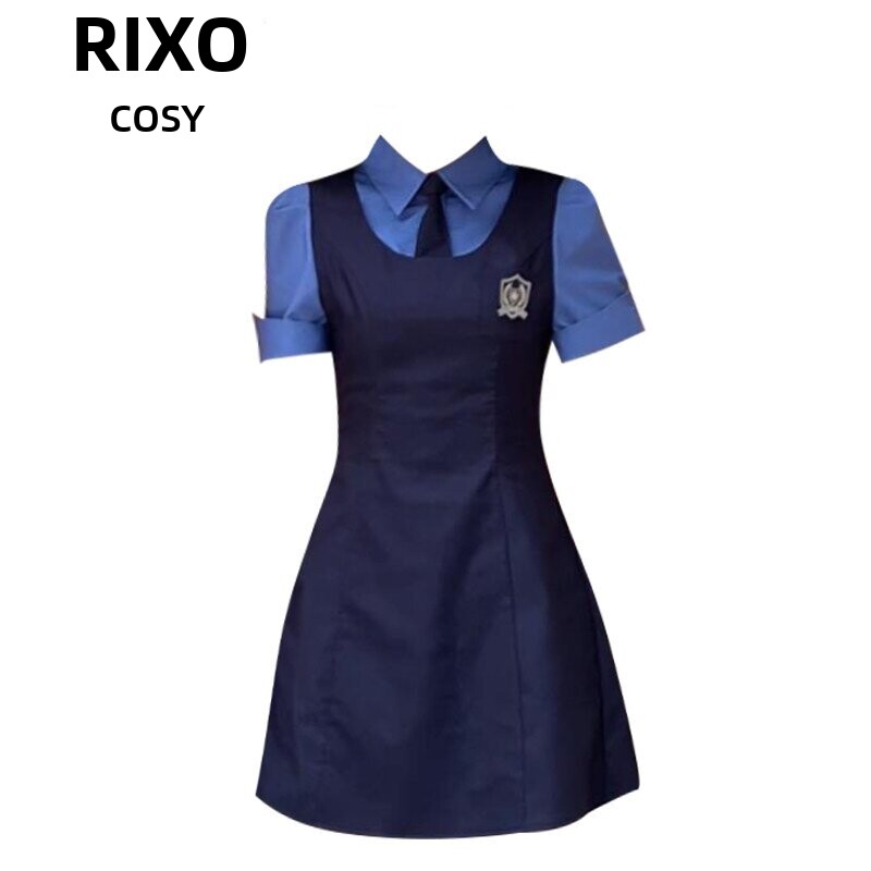 RIXO COSY美式学院风刺绣翻领假两件洋装女夏高级感收腰A字短裙