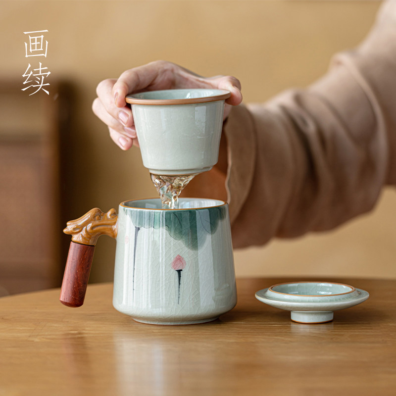 画续冰裂纹手绘荷花茶水t分离泡茶杯子办公室水杯陶瓷过滤内胆送