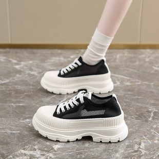 帆布鞋女网鞋透气网面夏季厚底不A累脚小白鞋轻便软底增高老爹板