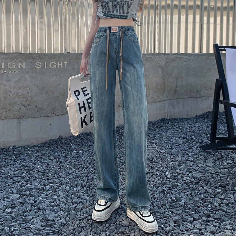 抽绳水洗牛仔宽裤女2025春季松紧腰显瘦覆古P百搭垂感直筒拖地裤