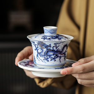 高档金银错龙纹青花盖碗单个茶杯泡茶大号不烫P手茶碗功夫茶具茶