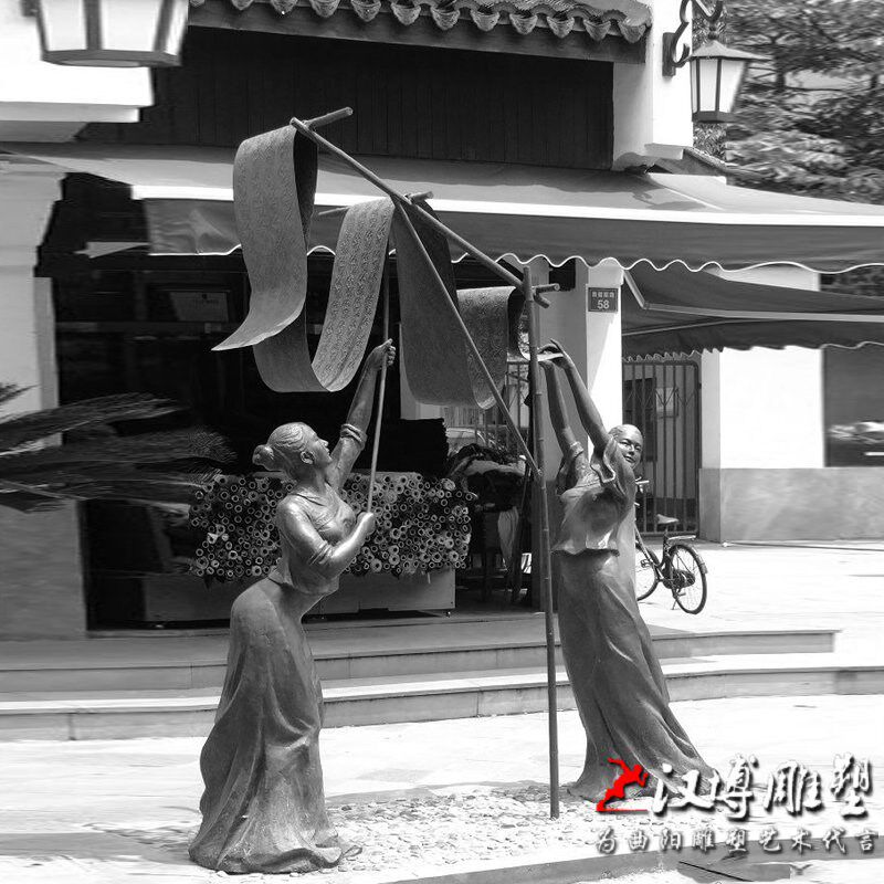 古代人物晒绸雕j塑玻璃钢仿铜雕塑大型公园景观民俗小品雕塑广场