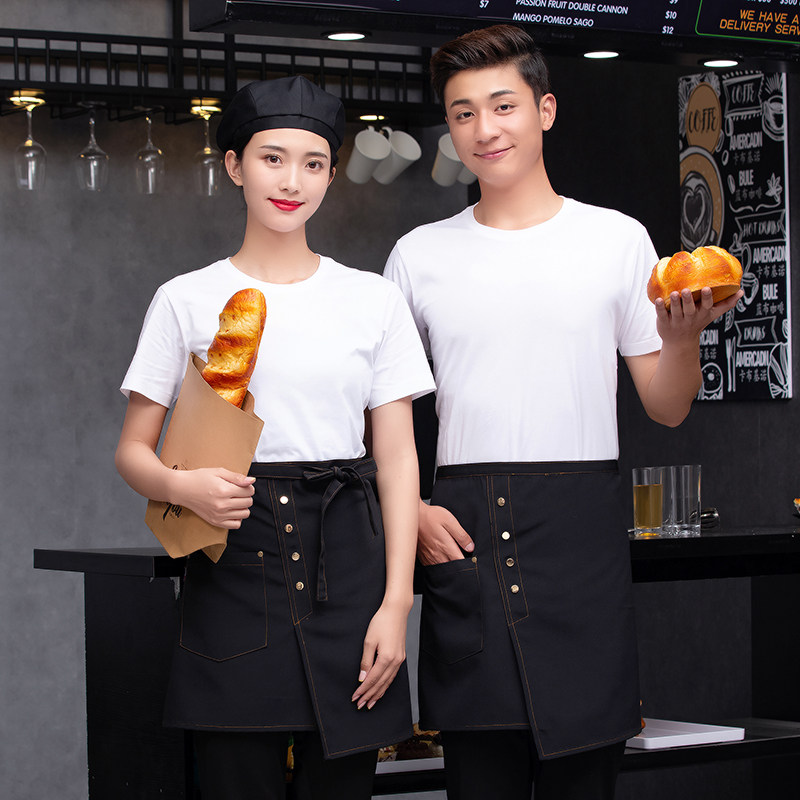 防水半身围裙女时尚餐q饮厨房工作服奶茶店咖啡厅小半截男帆布定