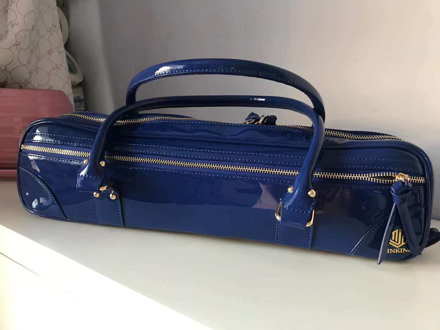 精品宝蓝色长笛乐器包漆皮加厚绒里长短笛乐谱包T背拎两用多色可